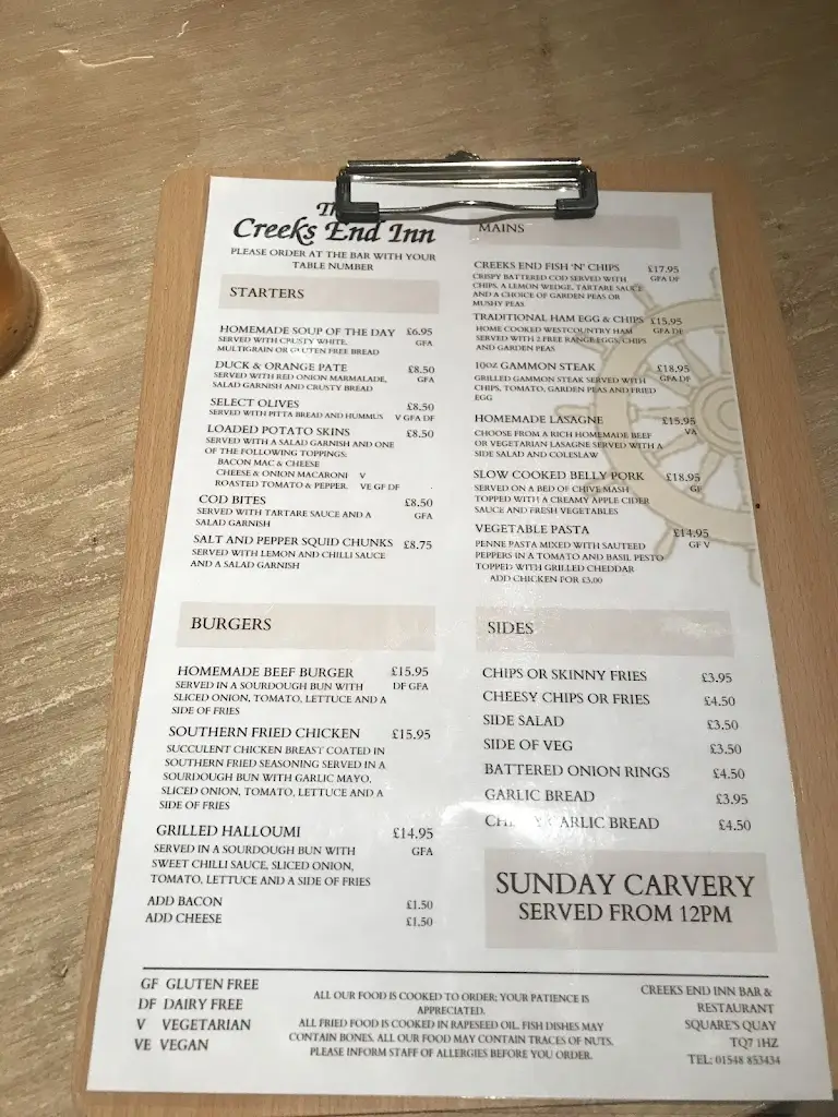 Menu_Creeks End Inn Bar & Restaurant_Kingsbridge_image_1