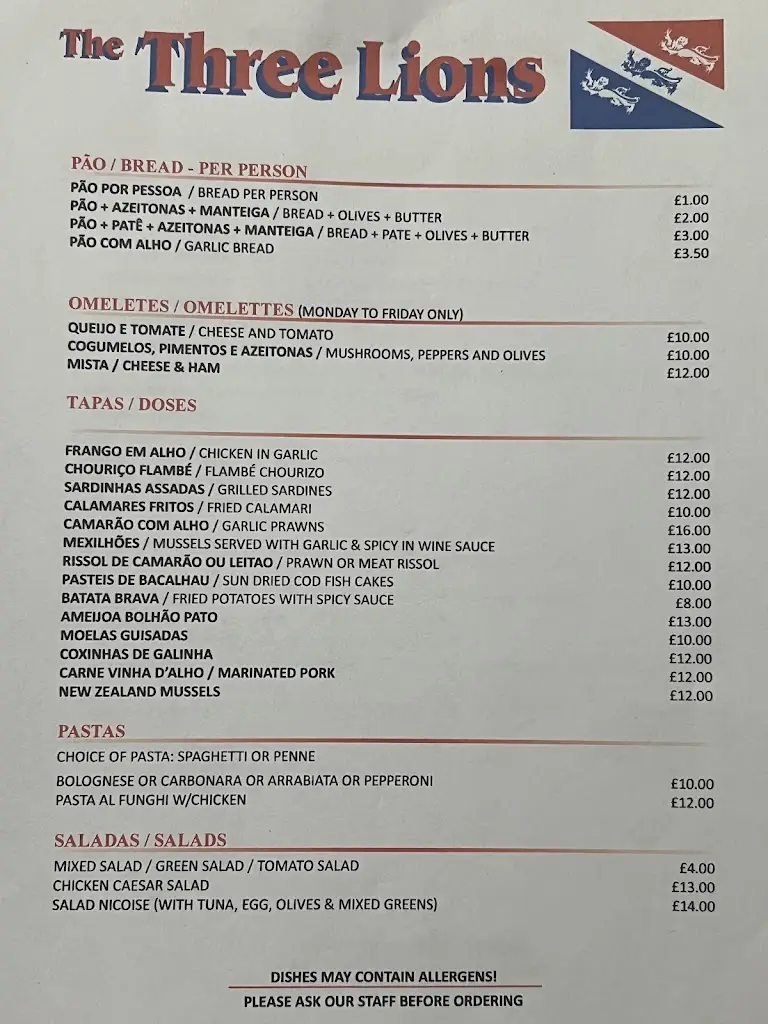 Menu_The Three Lions_Lambeth_image_1