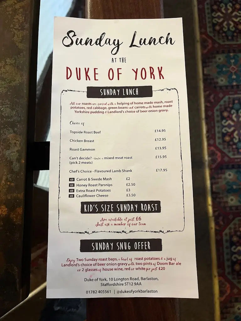 Menu_The Duke of York_Barlaston_image_2