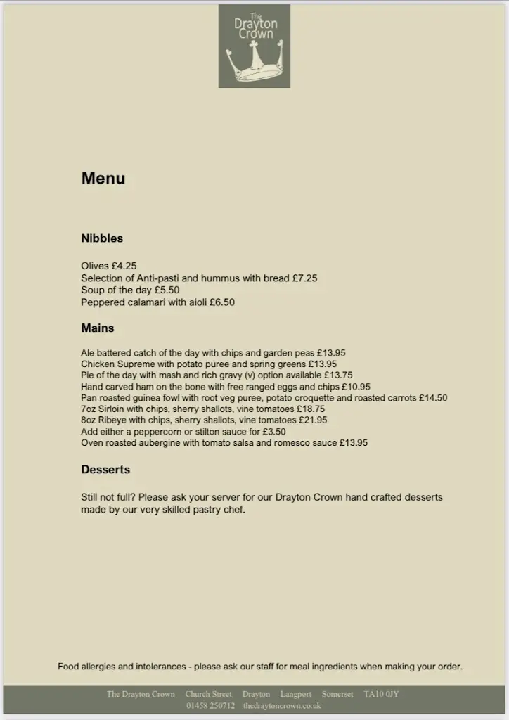 Menu_The Drayton Crown_Langport_image_2