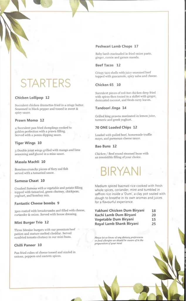 Menu_70 ONE Restaurant & Lounge_Long Buckby_image_2