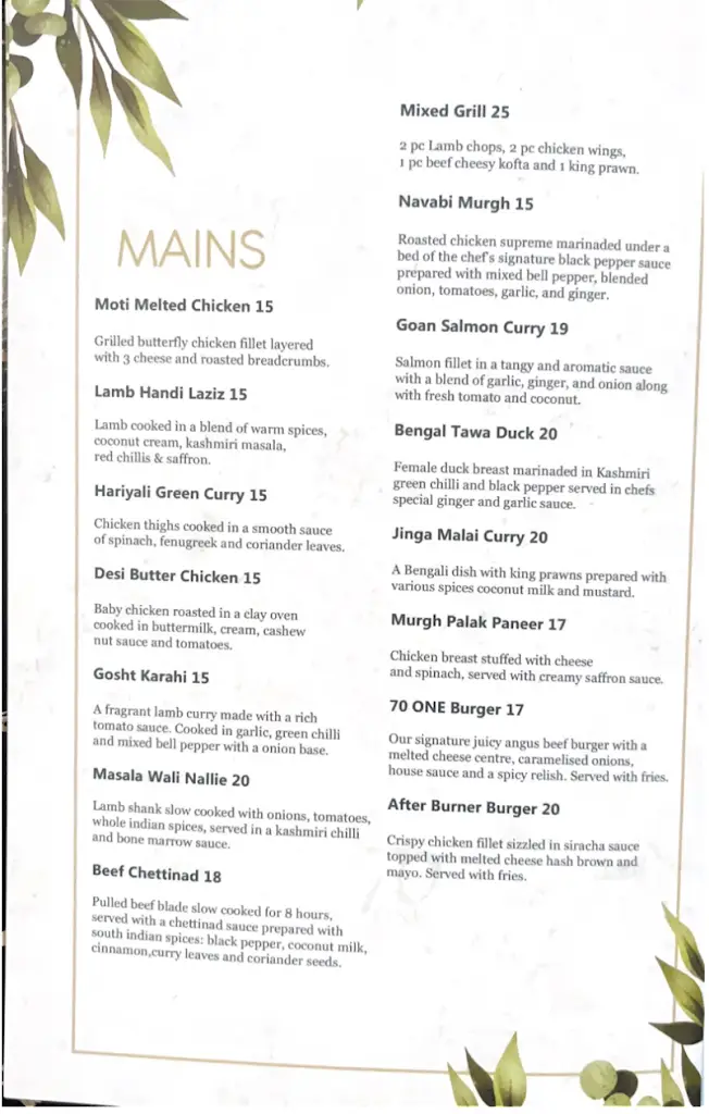 Menu_70 ONE Restaurant & Lounge_Long Buckby_image_3