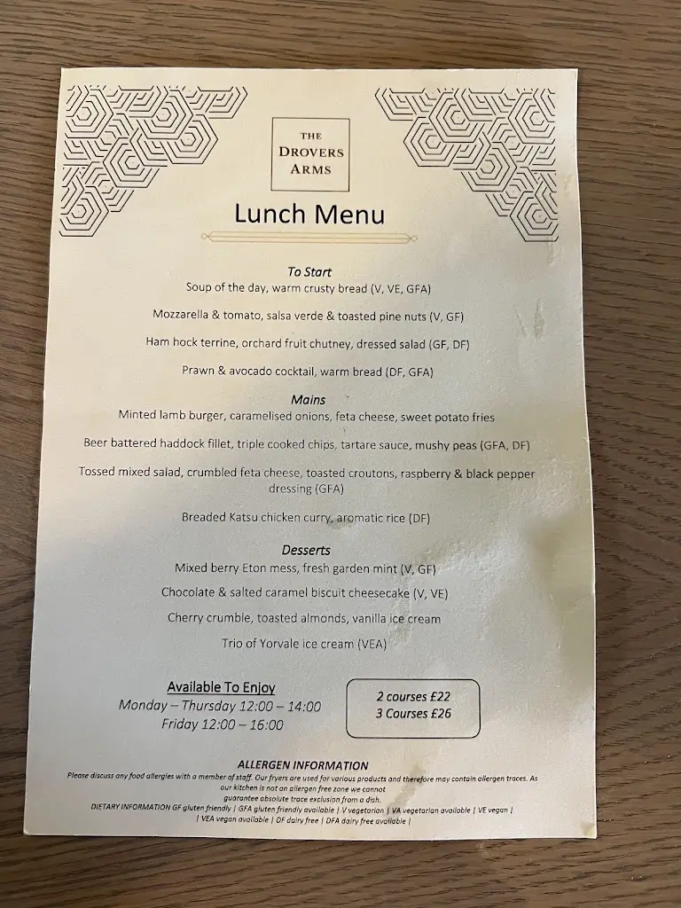 Menu_The Drovers Arms Restaurant & Country Pub_Barlby_image_1