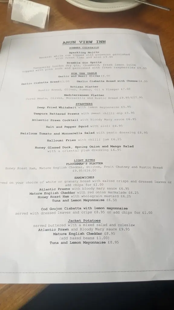 Menu_Arun View Inn_Littlehampton_immagine_1