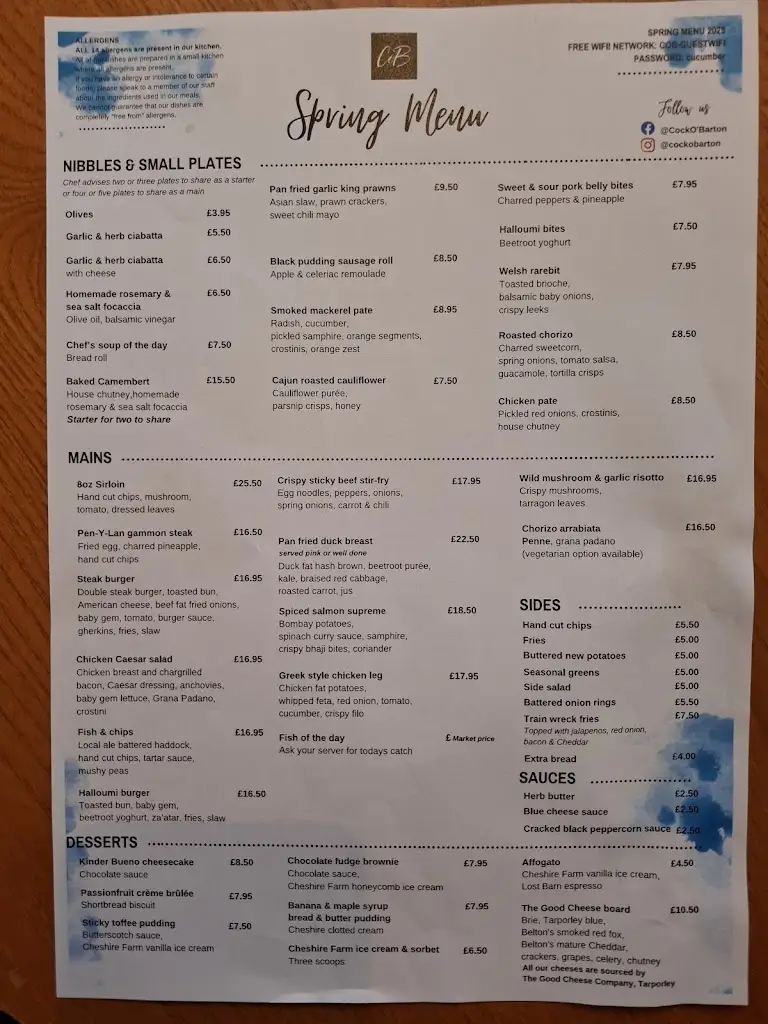 Menu_The Cock O'Barton, Bar, Restaurant, Hotel, Wedding Venue_Malpas_image_1