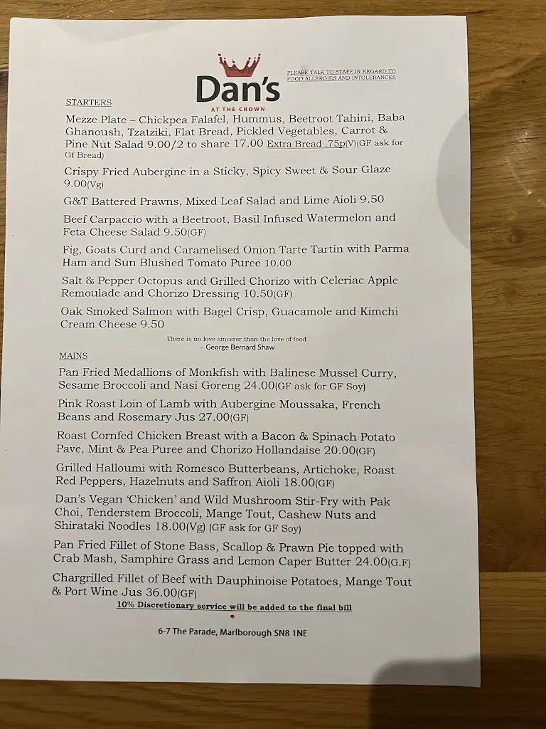 Menu_Dan's at The Crown_Marlborough_image_2