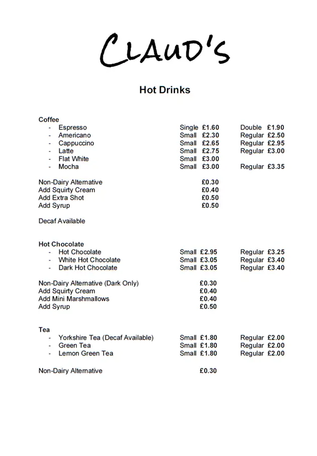 Menu_Claud's Coffee Shop & Dessert Parlour_Newburn_immagine_2