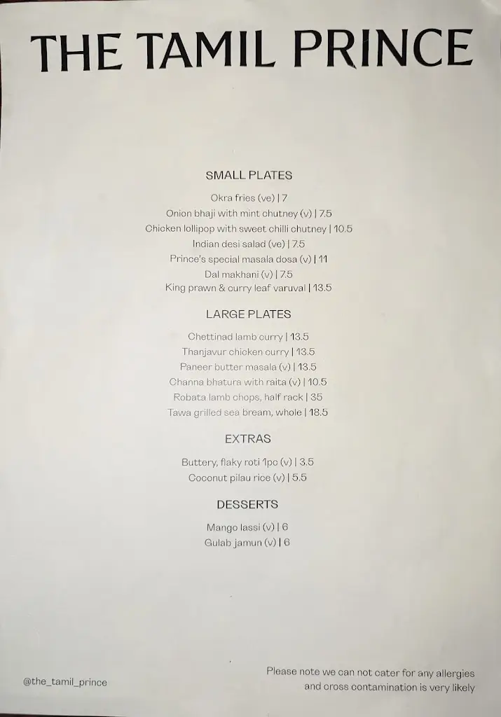 Menu_The Tamil Prince_Barnsbury_image_1