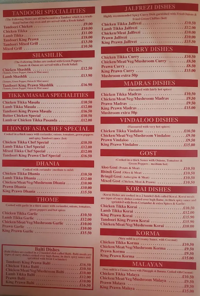Menu_Lion of Asia_Northallerton_image_1