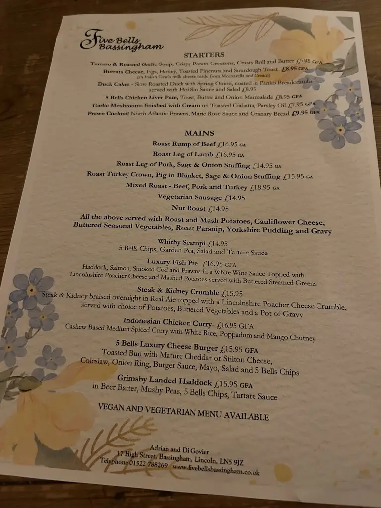 Menu_The Five Bells_Bassingham_image_1