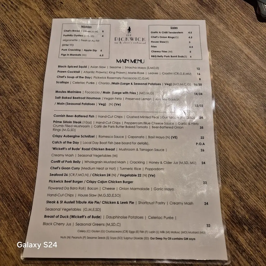 Menu_The Pickwick Inn & Oliver's Restaurant_Padstow_image_1