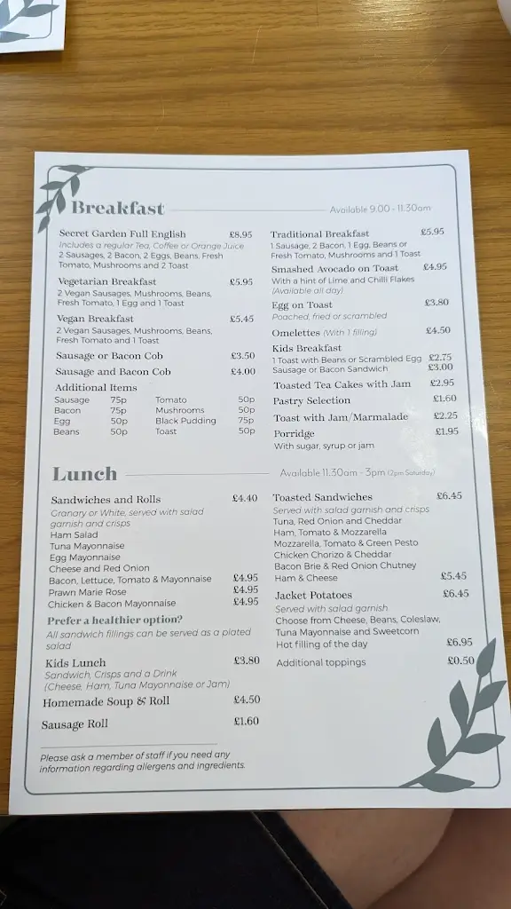 Menu_The Secret Garden Cafe_Barrow upon Soar_image_1