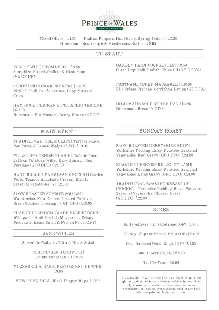 Menu_The Prince of Wales Baslow_Baslow_image_1