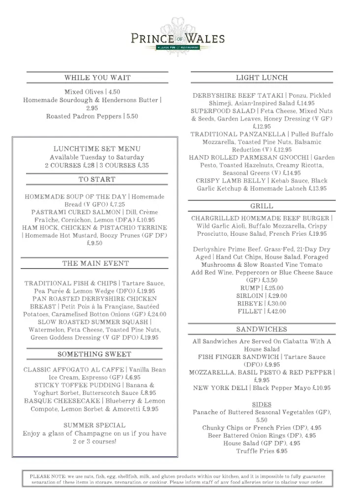 Menu_The Prince of Wales Baslow_Baslow_image_2