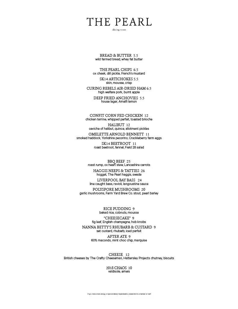 Menu_The Pearl | British dining room_Prestwich_image_1