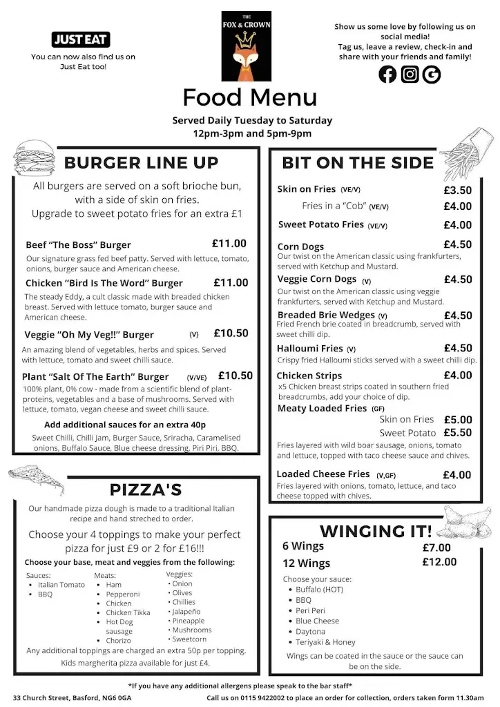 Menu_The Fox & Crown_Basford_image_1