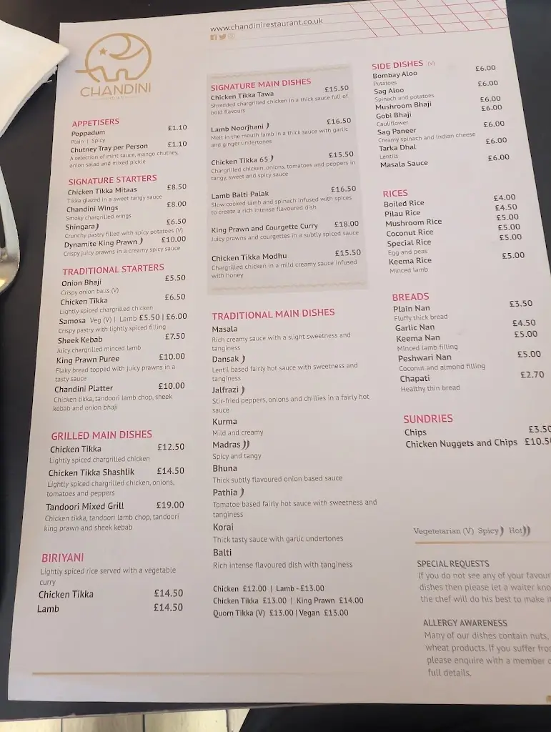Menu_Chandini Indian_Sawbridgeworth_image_3