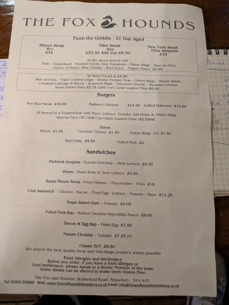 Menu_The Fox and Hounds_Shawbury_image_4