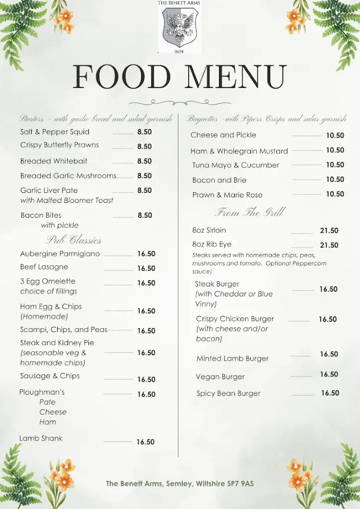Menu_The Benett Arms_Shaftesbury_image_2