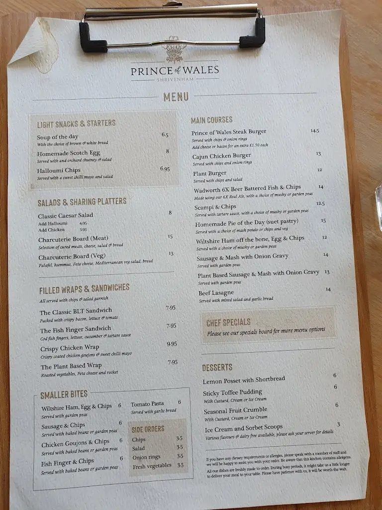 Menu_The Prince Of Wales_Shrivenham_image_1