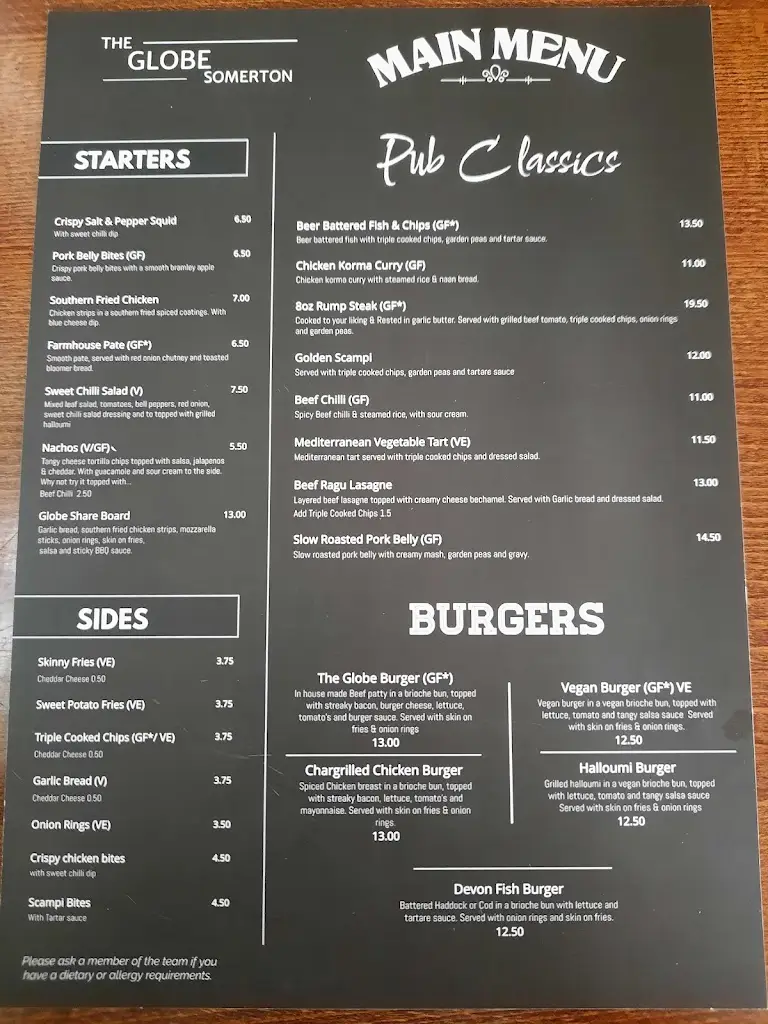 Menu_The Globe_Somerton_image_1