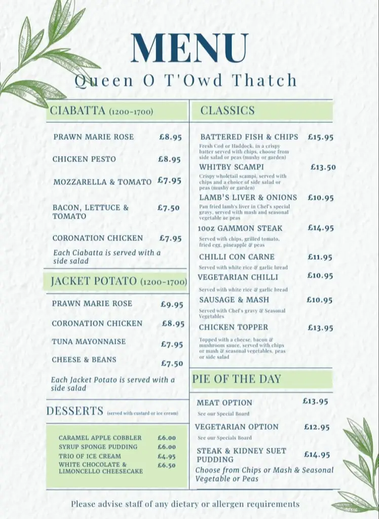 Menu_Queen O T'Owd Thatch_South Milford_image_1