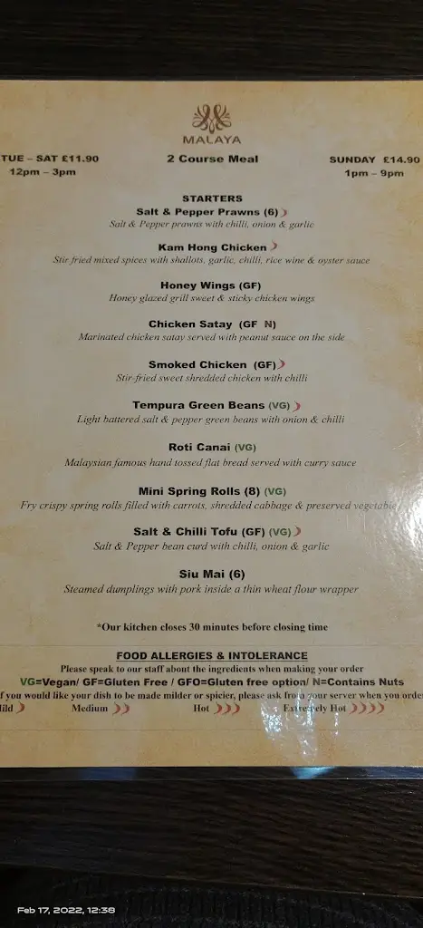 Menu_Malaya_South Benfleet_image_1
