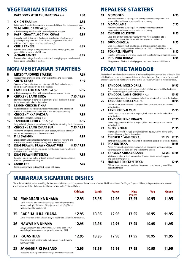 Menu_Maharaja Restaurant_South Benfleet_image_1