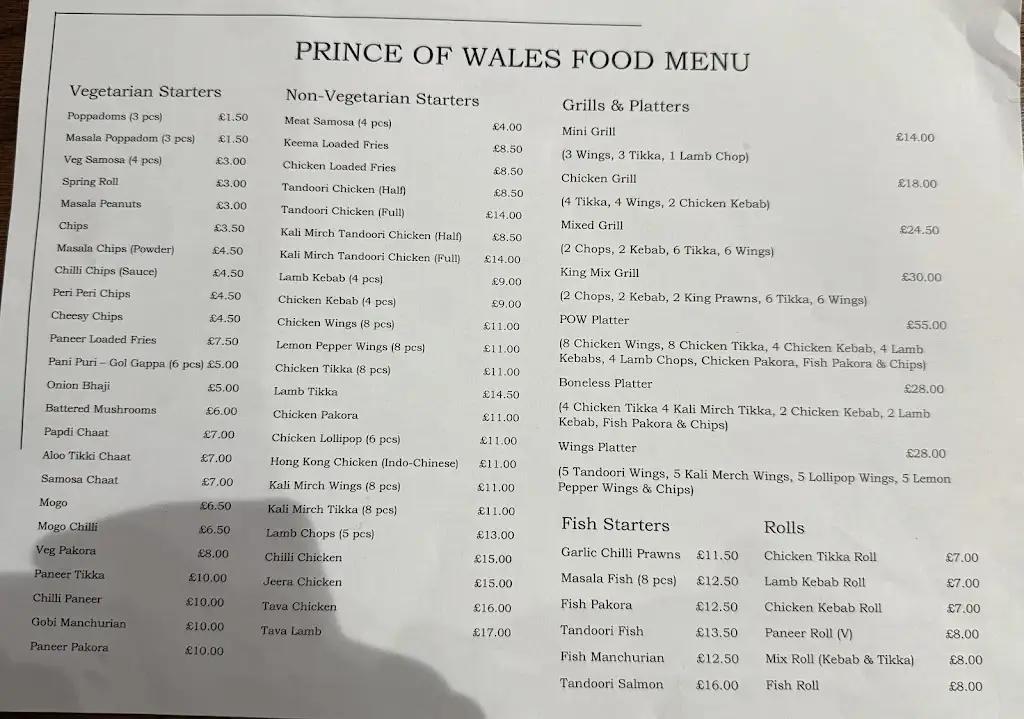 Menu_The Prince of Wales_Southall_image_1