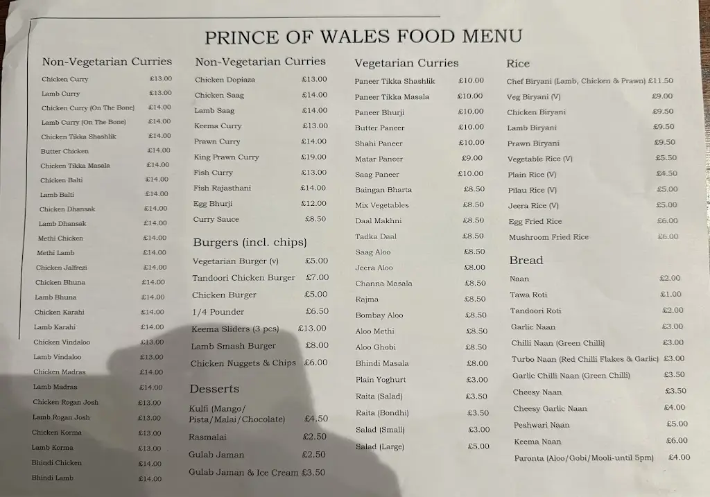 Menu_The Prince of Wales_Southall_image_2