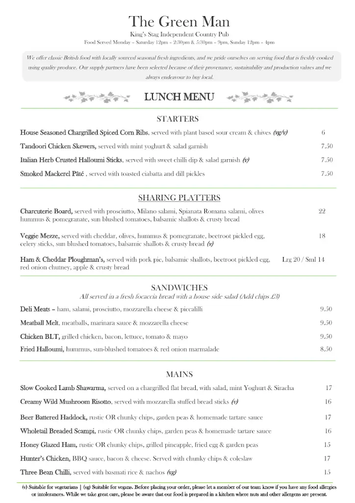 Menu_The Green Man_Sturminster Newton_image_3