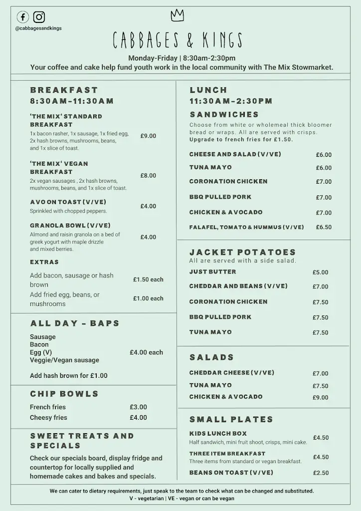 Menu_Cabbages & Kings at The Mix_Stowmarket_imagen_1
