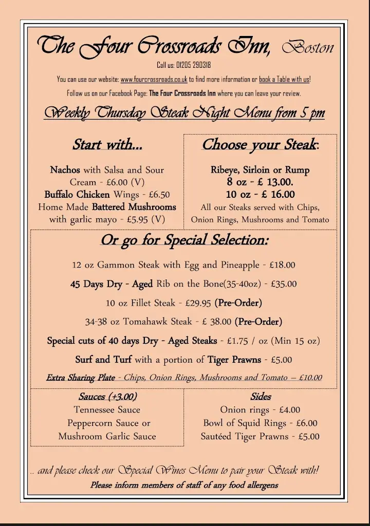 Menu_The Four Crossroads Inn, Boston, UK_Sutterton_image_1