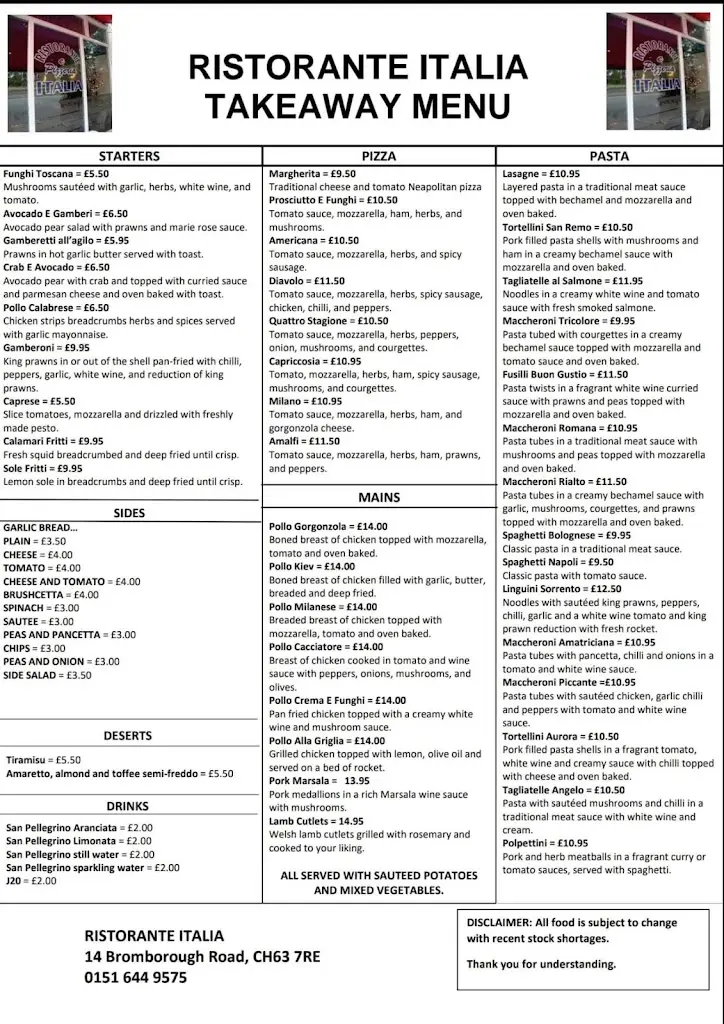 Menu_Ristorante Italia_Bebington_image_1