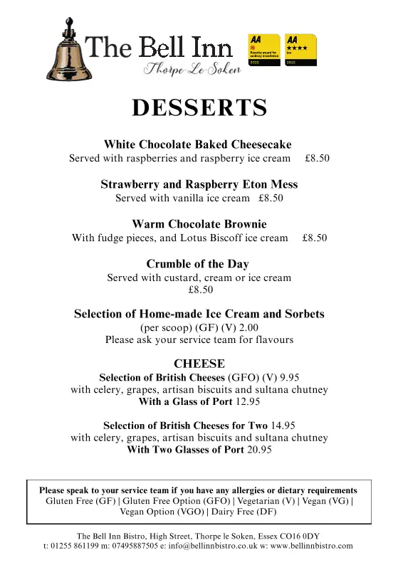 Menu_The Bell Inn Bistro, Thorpe-le-Soken_Thorpe le Soken_image_1
