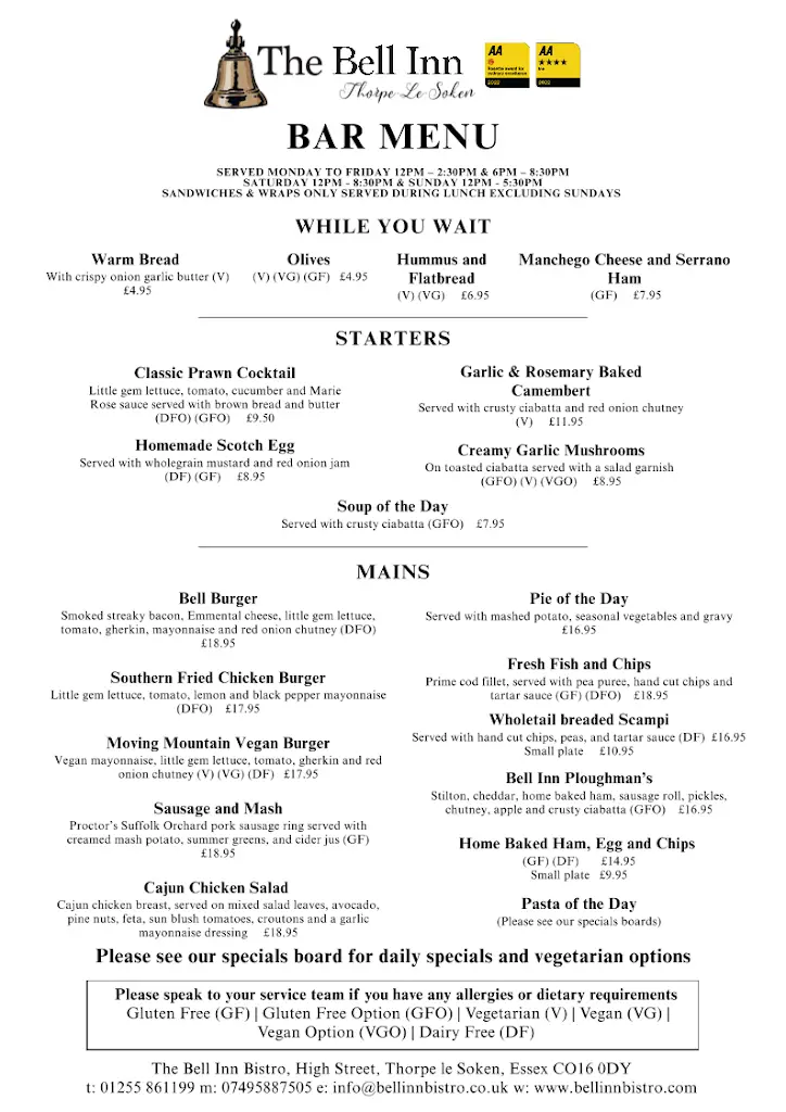 Menu_The Bell Inn Bistro, Thorpe-le-Soken_Thorpe le Soken_image_4