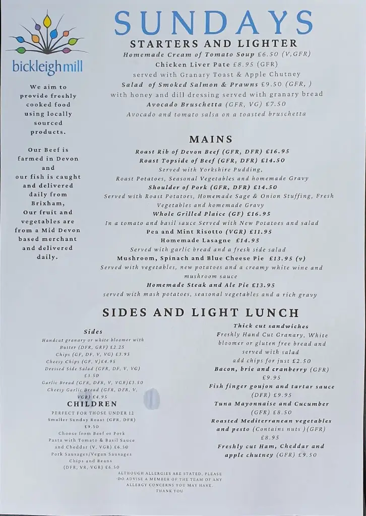 Menu_Bickleigh Mill_Tiverton_image_2