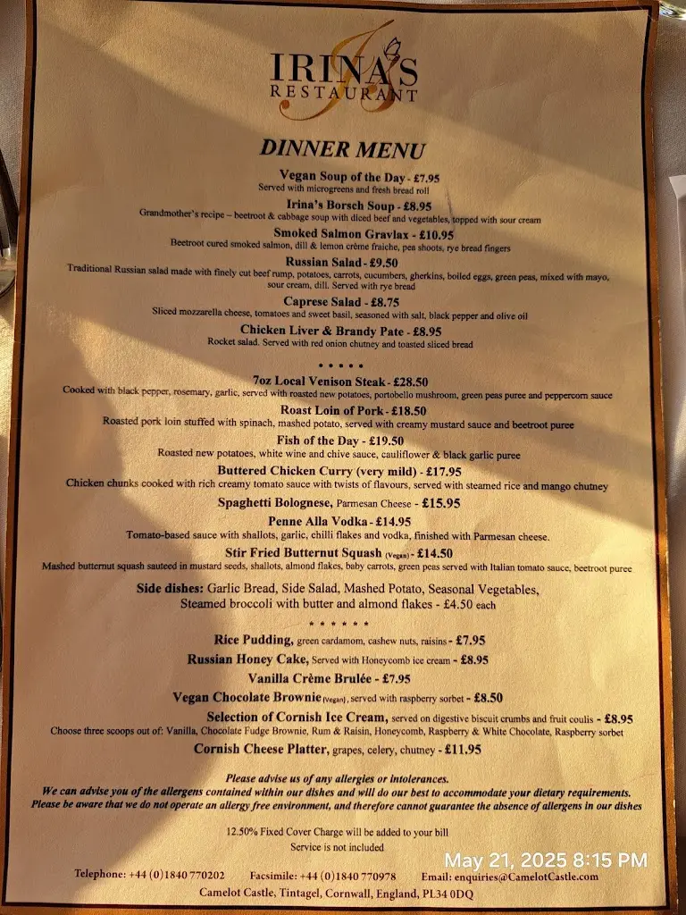 Menu_Irina's Restaurant at Camelot Castle_Tintagel_image_1