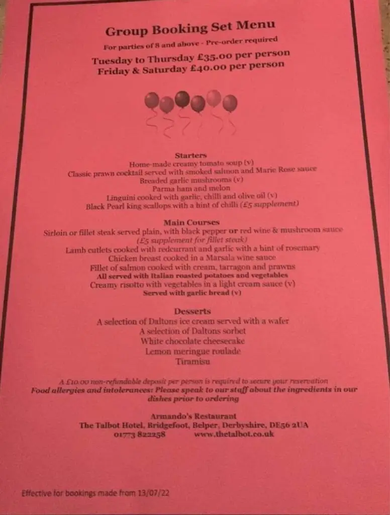 Menu_Armando's Restaurant at The Talbot Hotel_Belper_image_1