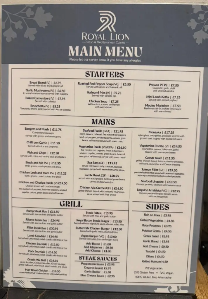 Menu_Royal Lion_Walsall_image_1