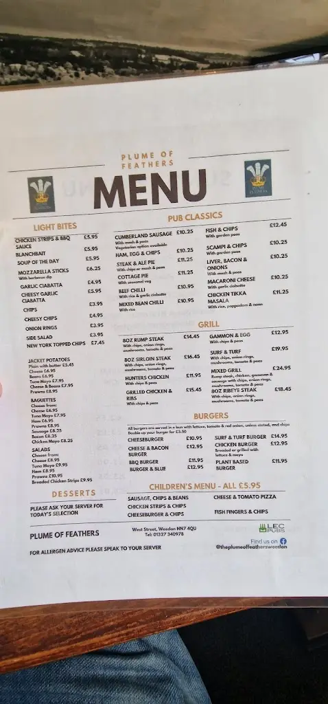 Menu_The Plume Of Feathers, Weedon_Weedon Beck_image_1