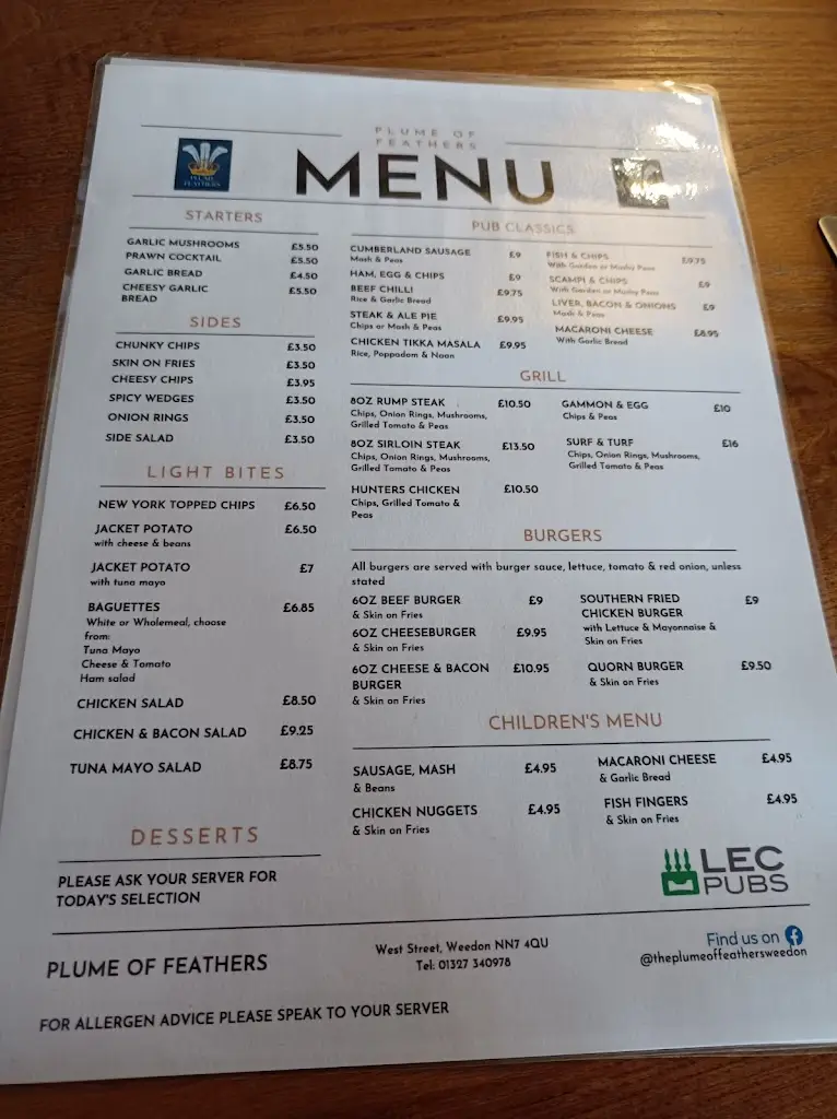 Menu_The Plume Of Feathers, Weedon_Weedon Beck_image_2