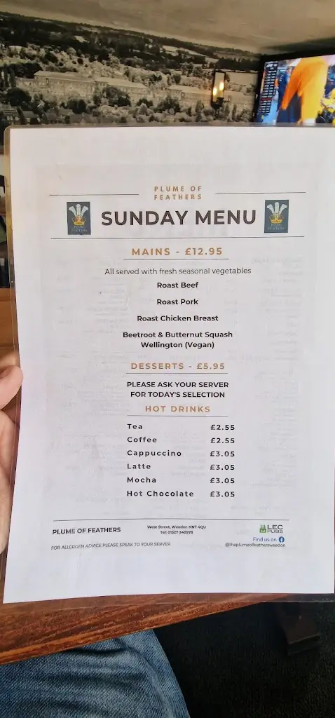 Menu_The Plume Of Feathers, Weedon_Weedon Beck_image_3