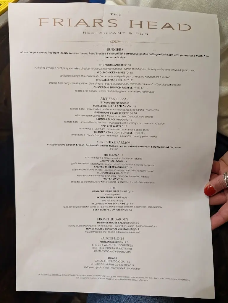 Menu_The Friars Head_Bedale_imagen_1