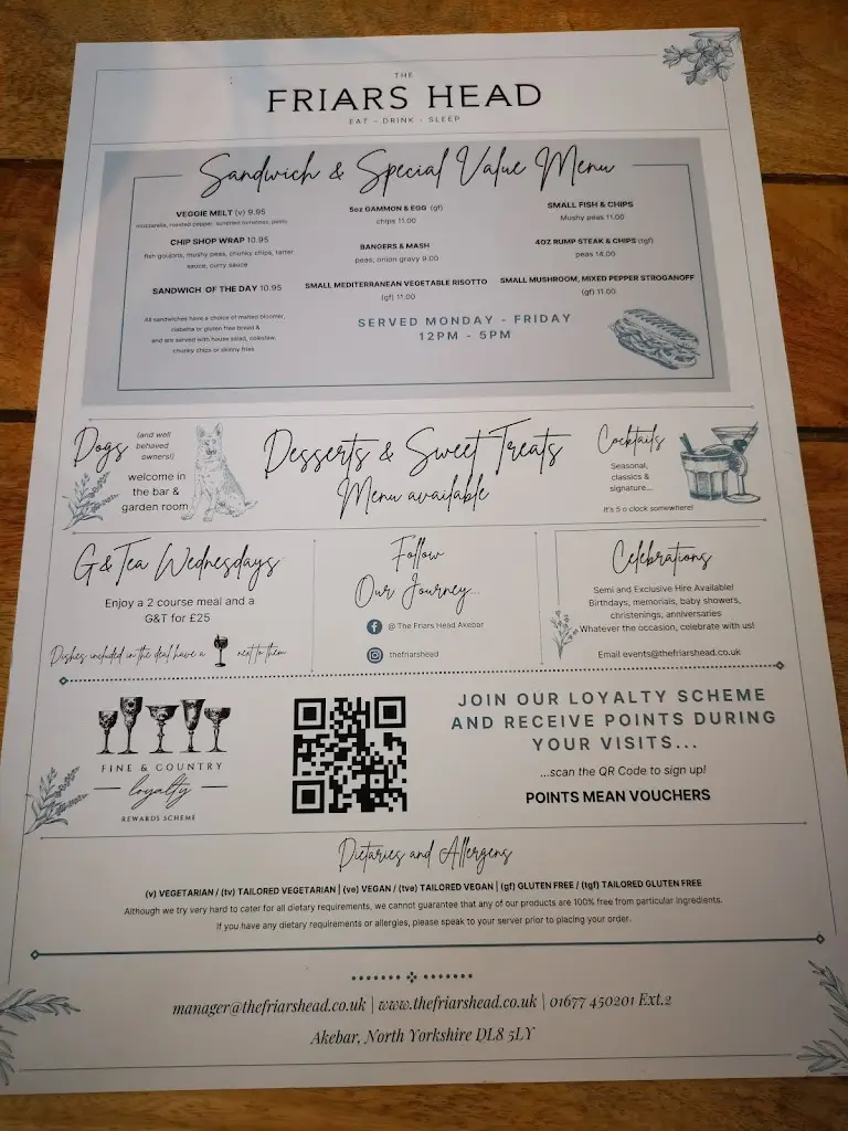 Menu_The Friars Head_Bedale_imagen_3