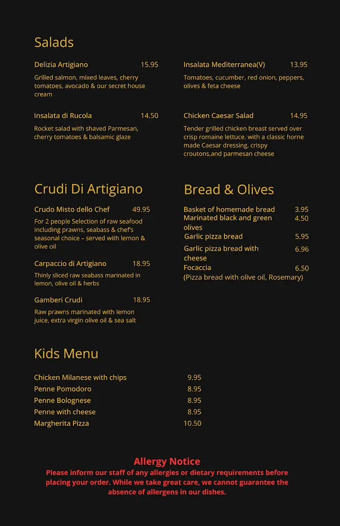 Menu_Artigiano Ristorante_West Molesey_image_1
