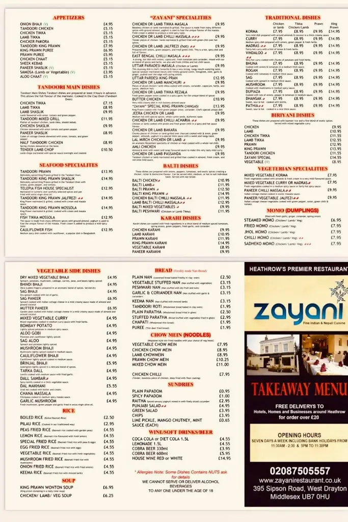 Menu_Zayani Restaurant - Heathrow_West Drayton_image_1