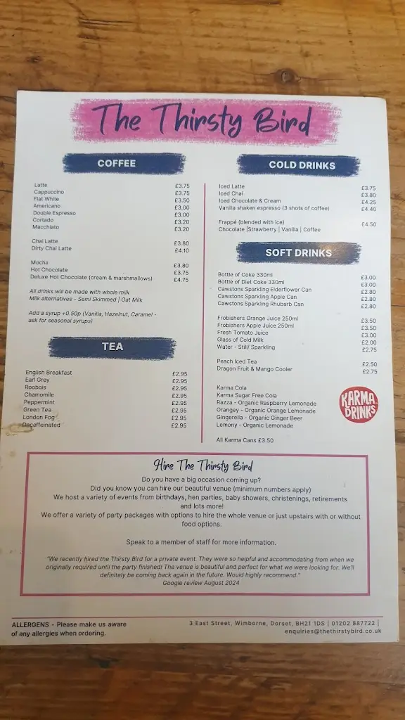 Menu_The Thirsty Bird_Wimborne Minster_immagine_2