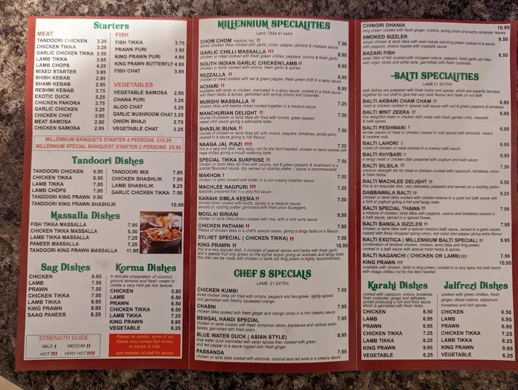 Menu_Millennium Balti Indian Restaurant Winsford_Winsford_image_1