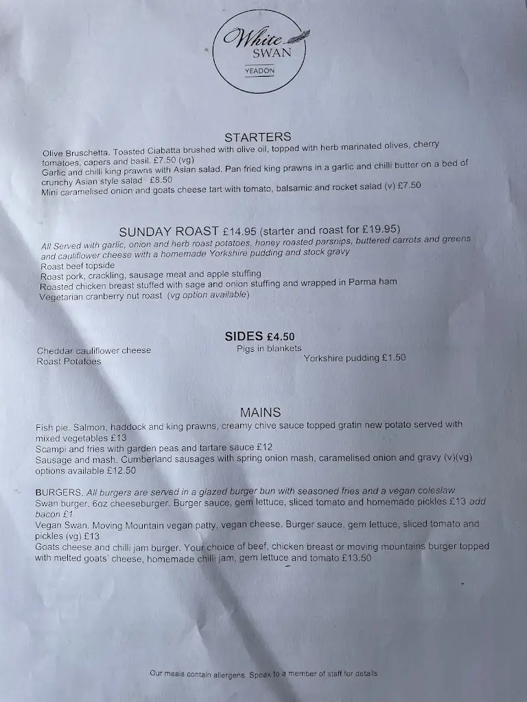 Menu_The White Swan, Yeadon_Yeadon_image_3